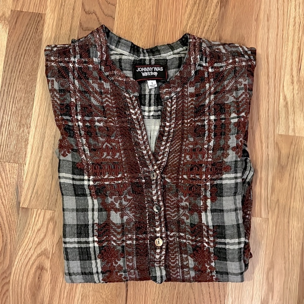Johnny Was Red and Gray Plaid Button-Down Shirt